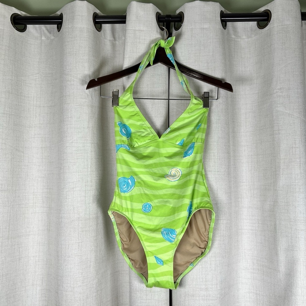 VTG Lilly Pulitzer Halter Swimsuit 6 Bethany Low Tide One Piece Sea Shell Green